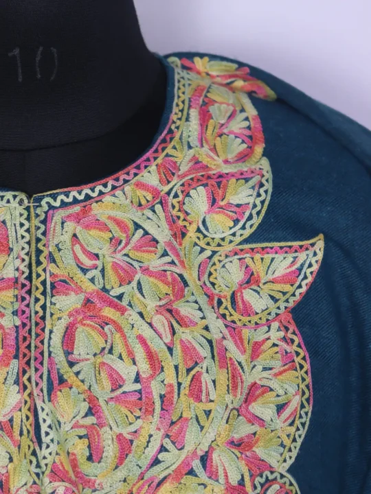Serat Teal Blue Tweed Kashmiri Pheran For Women With Aari Work - Image 3