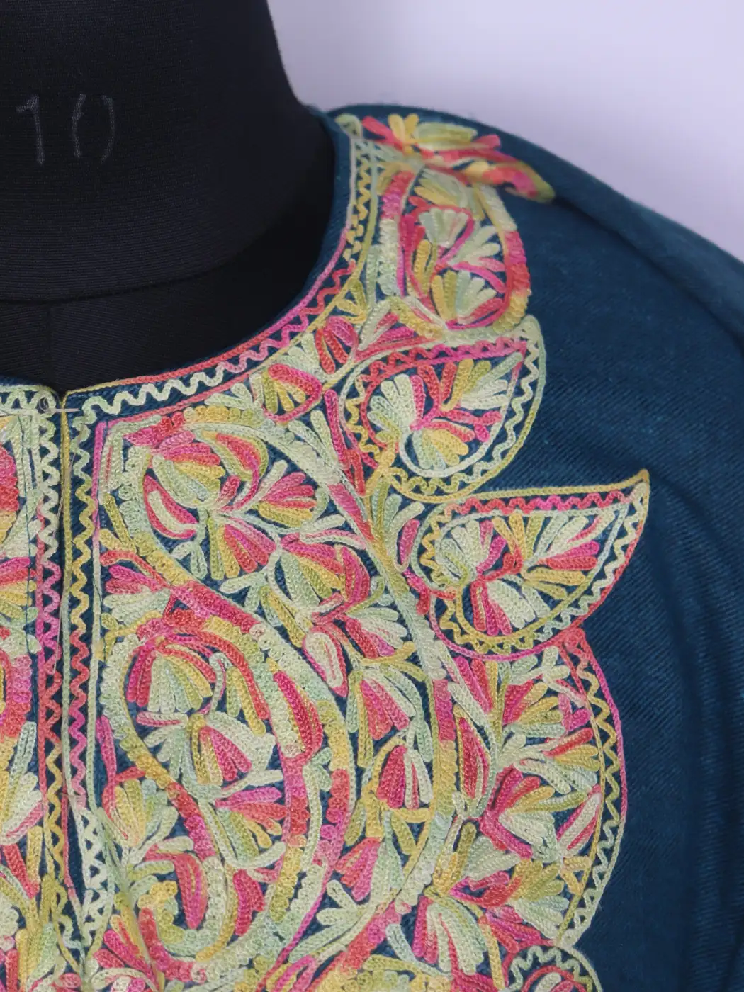 Serat Teal Blue Tweed Kashmiri Pheran For Women With Aari Work - Image 3
