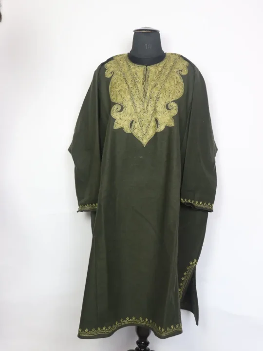 Zohra Green Tweed Kashmiri Pheran for Women With Aari Work