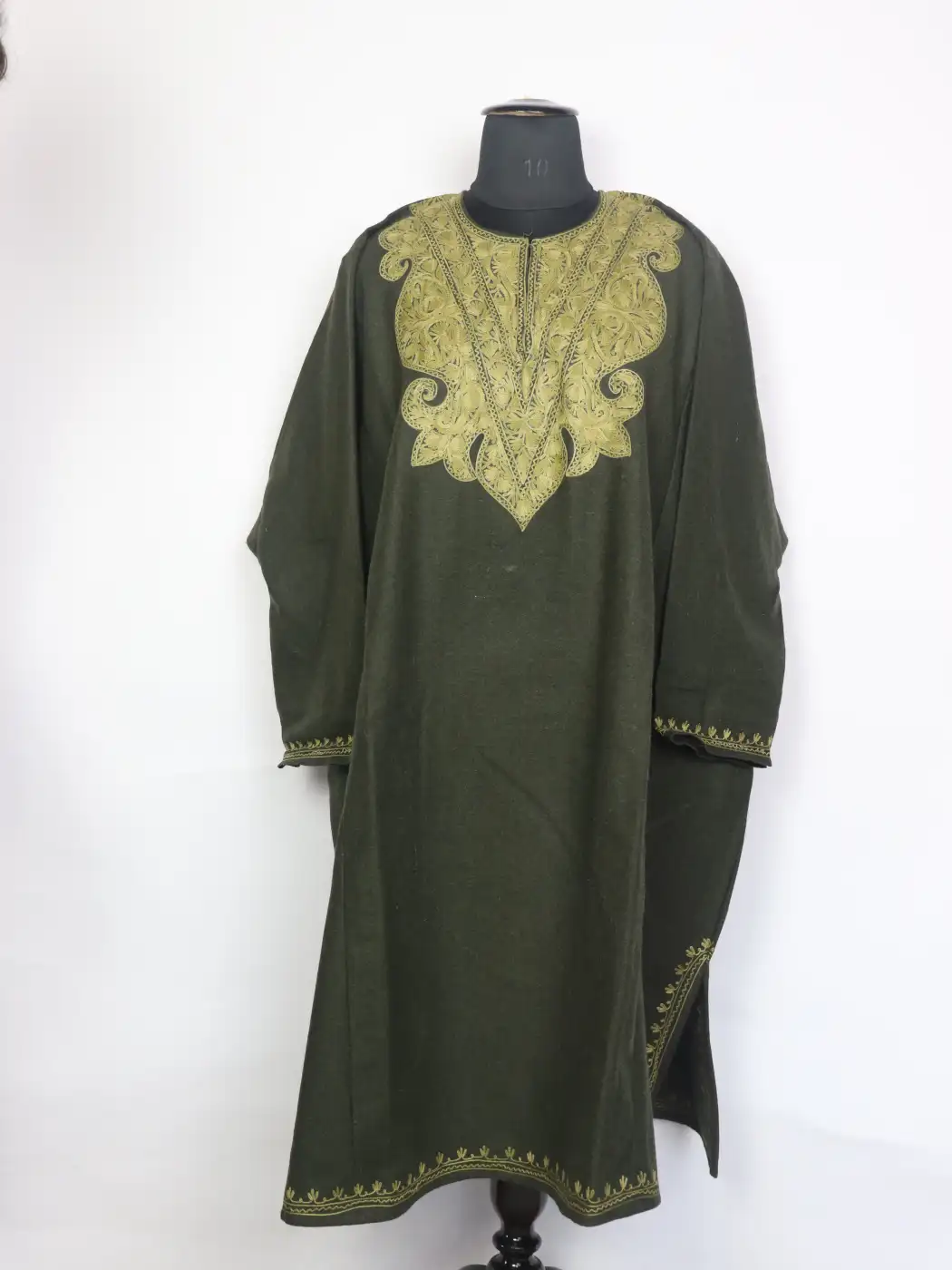 Zohra Green Tweed Kashmiri Pheran for Women With Aari Work