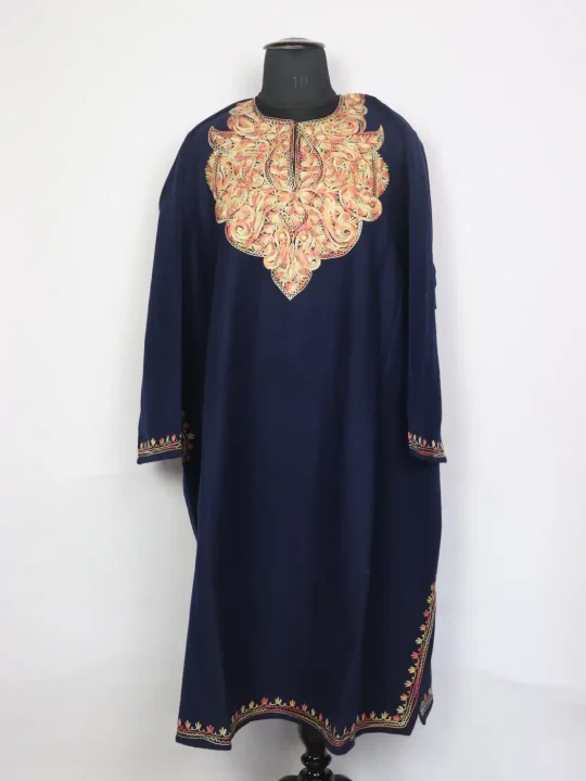Noor Navy Blue Tweed Kashmiri Pheran For Women With Aari Work