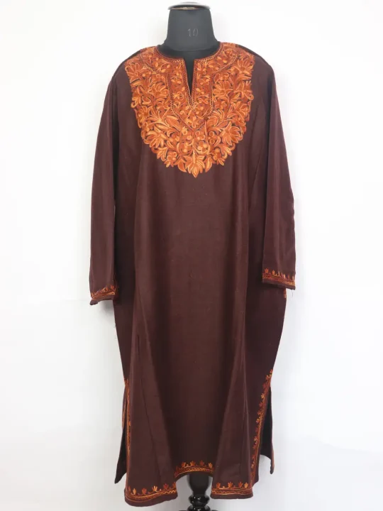Zareen Brown Tweed Pheran For Women With Aari Embroidery