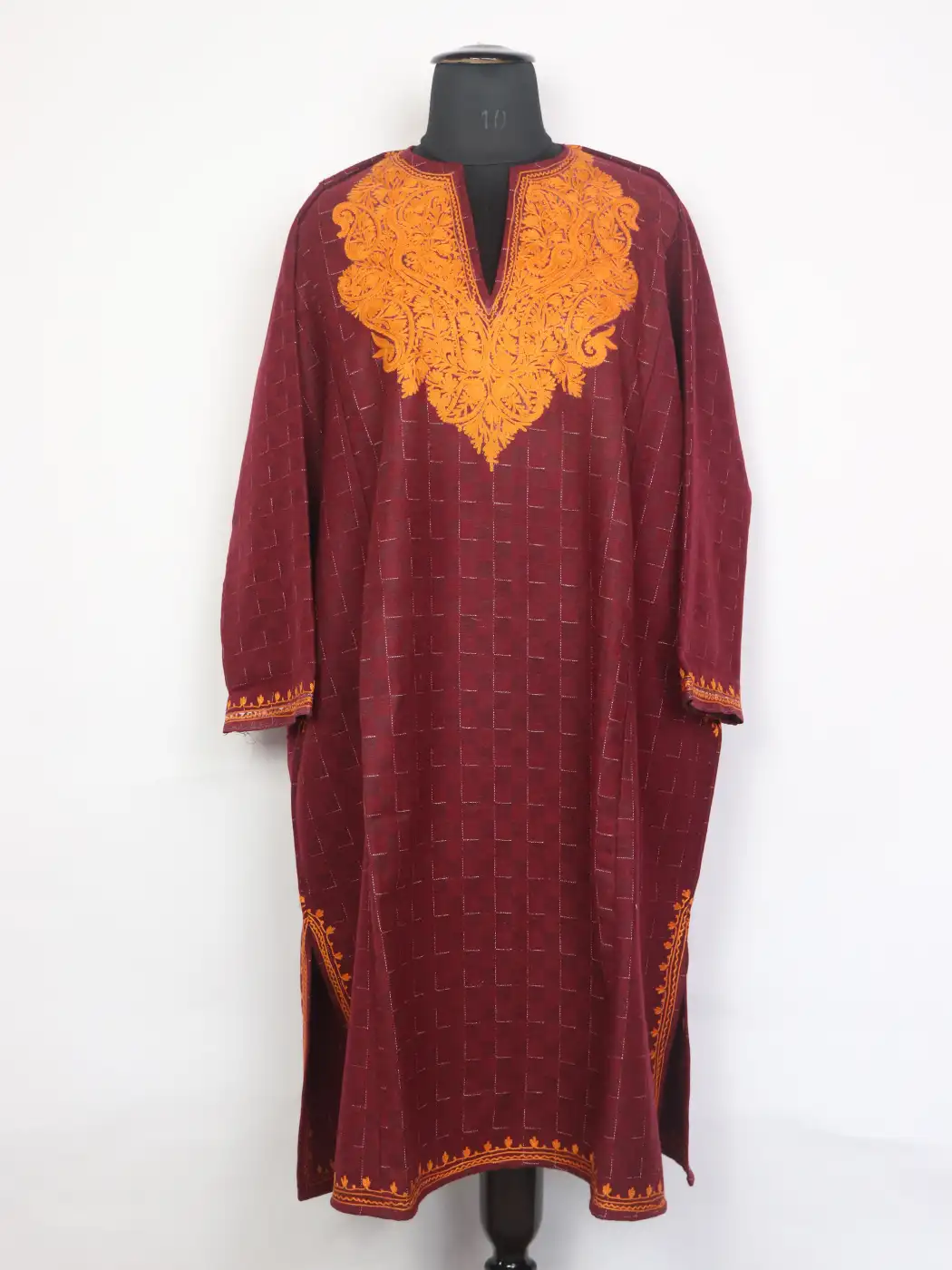 Gulnar Maroon Tweed Kashmiri Pheran With Aari Work