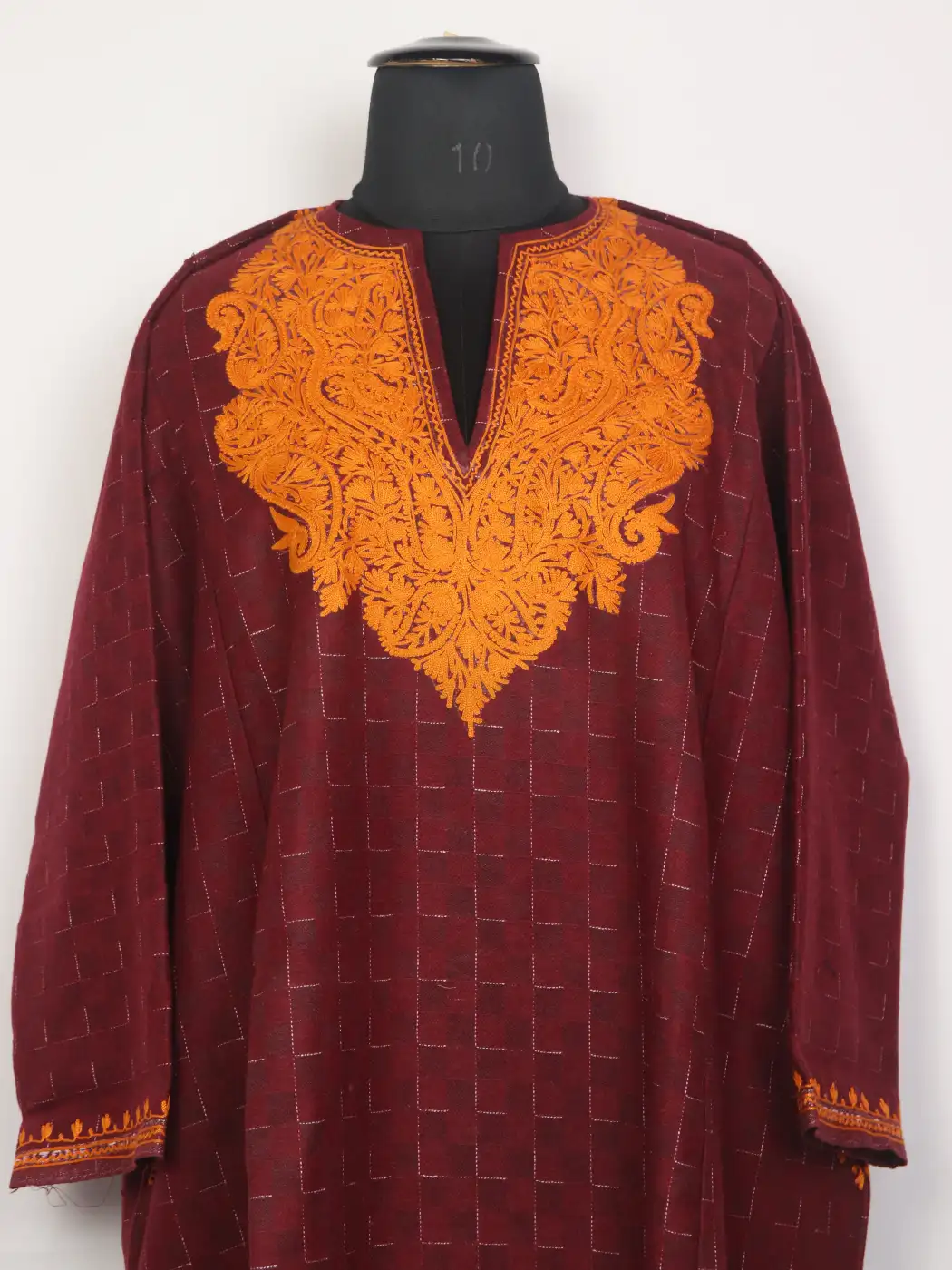 Gulnar Maroon Tweed Kashmiri Pheran With Aari Work - Image 2