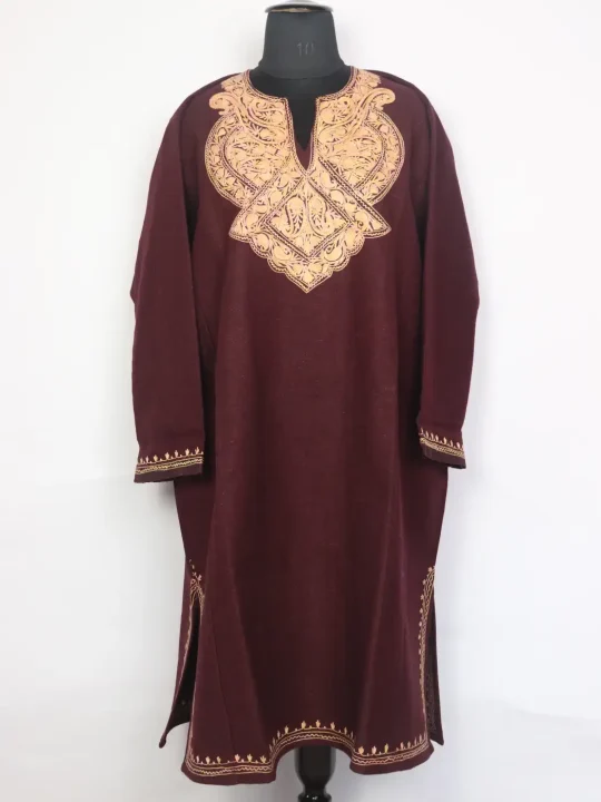 Mahnoor Maroon Tweed Kashmiri Pheran For Women With Aari Embroidery