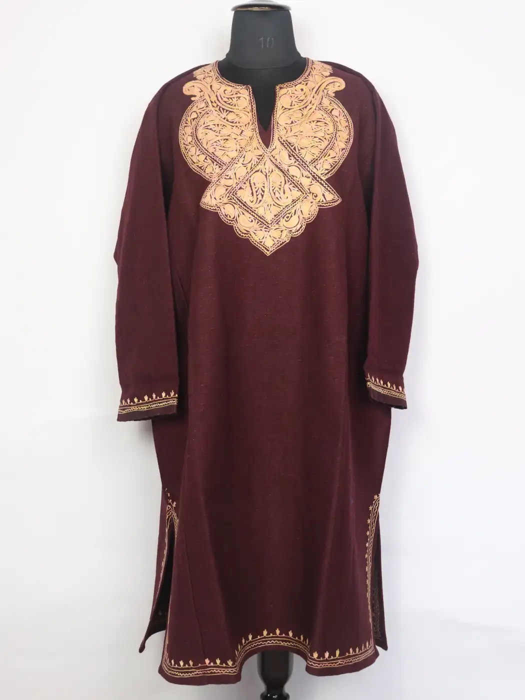 Mahnoor Maroon Tweed Kashmiri Pheran For Women With Aari Embroidery