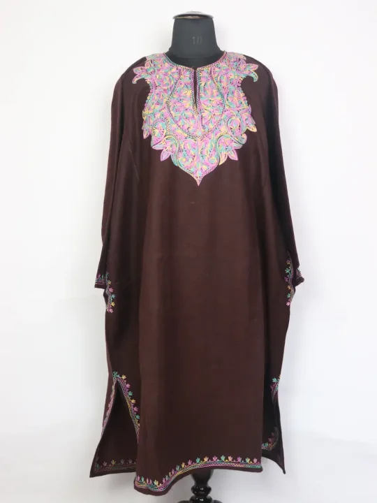 Kasturi Brown Tweed Kashmiri Pheran For Women With Aari Embroidery