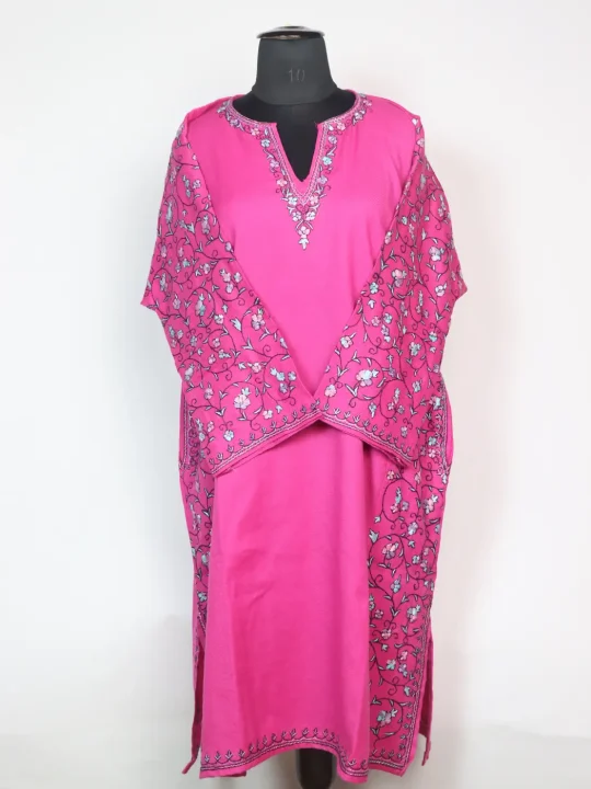 Zohaira Kashmiri Pheran In Raffal Wool With Hand Sozni Paper Mache Side Jaal Work | Pink