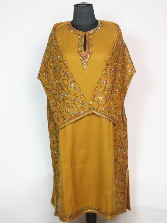 Mustard Kashmiri Pheran Raffal Wool With Hand Sozni Paper Mache Side Jaal Work | Afsa