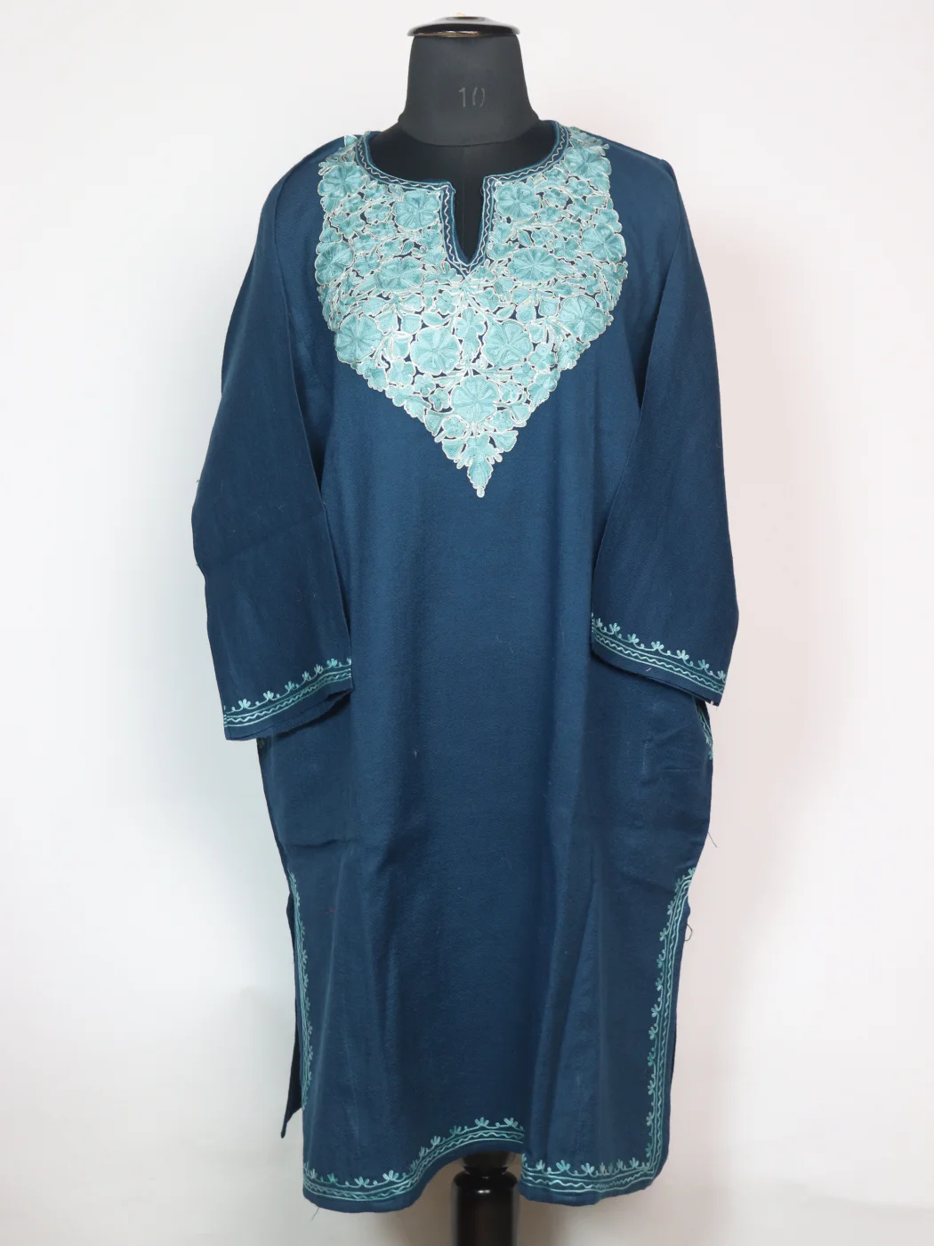 Lamees Kashmiri Pheran In Raffal Wool With Aari And Zari Embroidery | Navy Blue