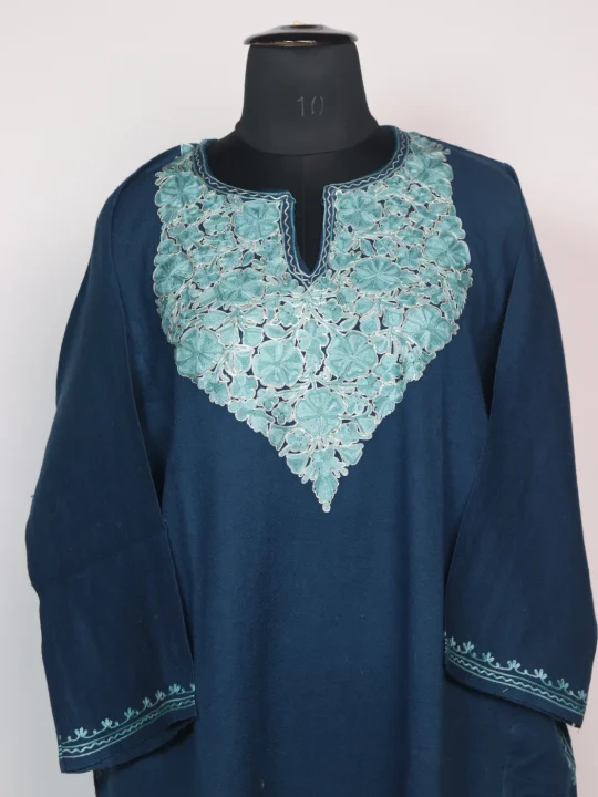 Lamees Kashmiri Pheran In Raffal Wool With Aari And Zari Embroidery | Navy Blue - Image 2