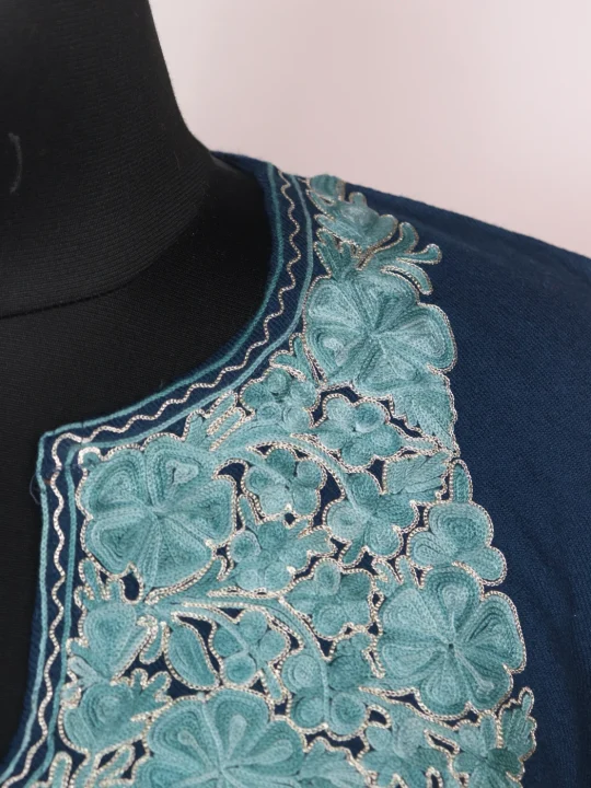 Lamees Kashmiri Pheran In Raffal Wool With Aari And Zari Embroidery | Navy Blue - Image 3
