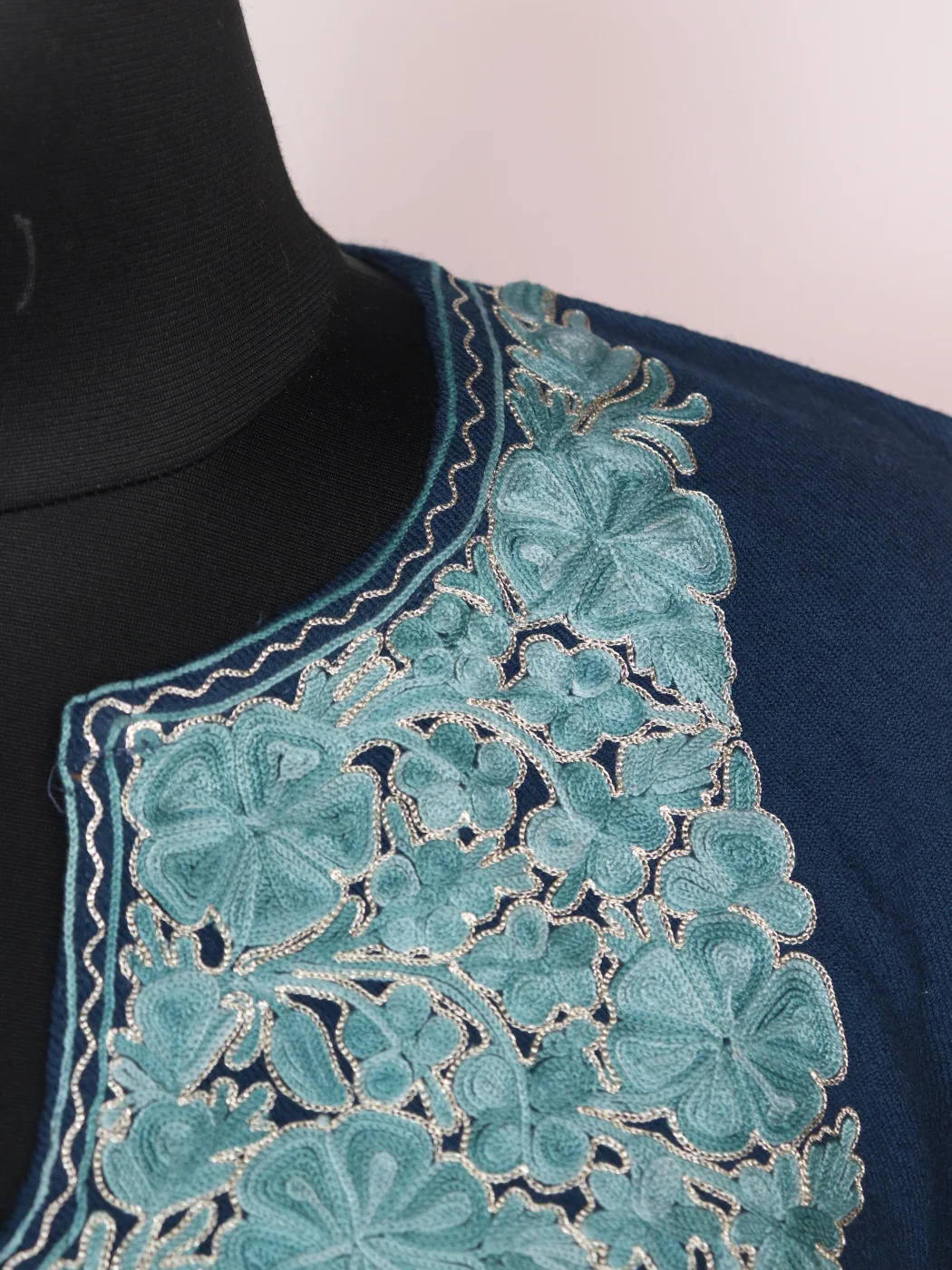 Lamees Kashmiri Pheran In Raffal Wool With Aari And Zari Embroidery | Navy Blue - Image 3