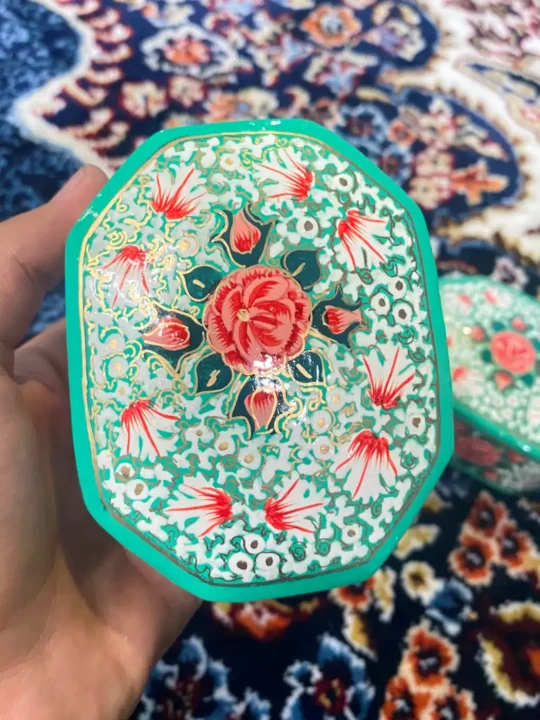 Sabz Kashmiri Paper Mache Box 3 x 4 Inch Floral Design - Image 2