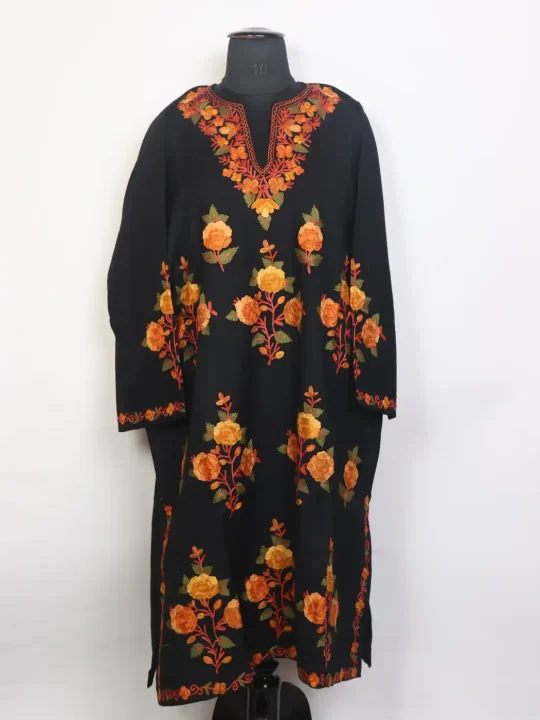 Naazmeen Black Kashmiri Boothidar Aari Work Raffal Wool Pheran