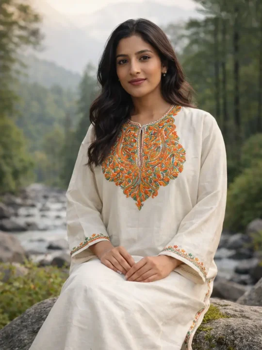 Nazneen White Kashmiri Pheran in Cashmilon Wool with Aari Work