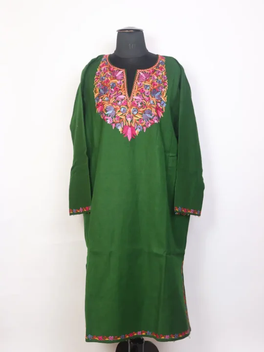 Noor Kashmiri Green Pheran with Hand Aari Work in Raffal Wool