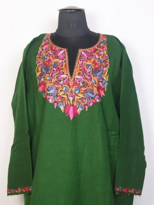 Noor Kashmiri Green Pheran with Hand Aari Work in Raffal Wool - Image 2