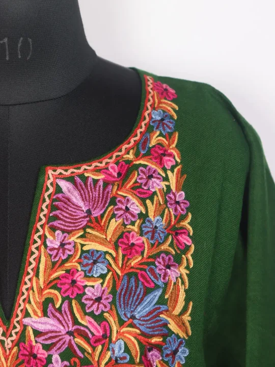 Noor Kashmiri Green Pheran with Hand Aari Work in Raffal Wool - Image 3