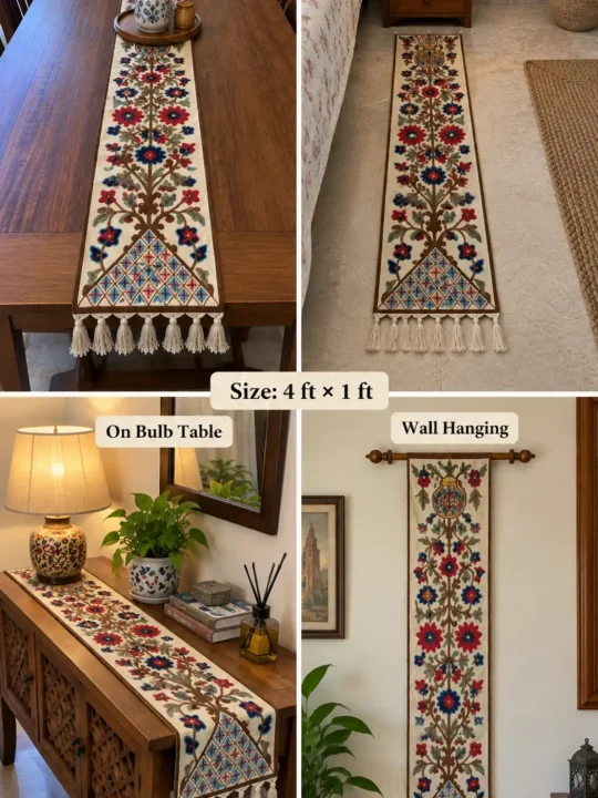 Pahalgam Kashmiri Handmade Silk Thread Chain Stitch Embroidery Runner 4*1ft - Image 2