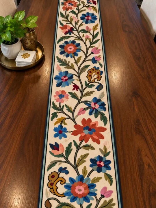 Shrunzfall Handmade Kashmiri Wool Thread Embroidery Chain Stitch Runner 5*1ft