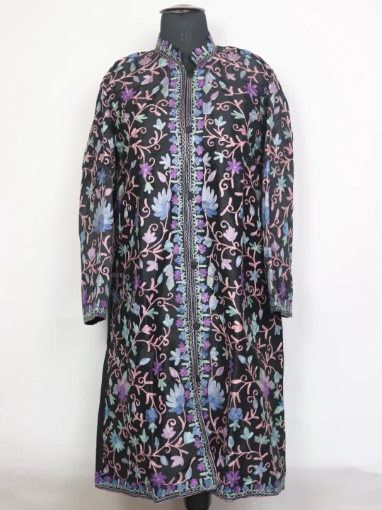 Kashmiri Nargiza Black Silk Jaal Aari Embroidery Long Coat