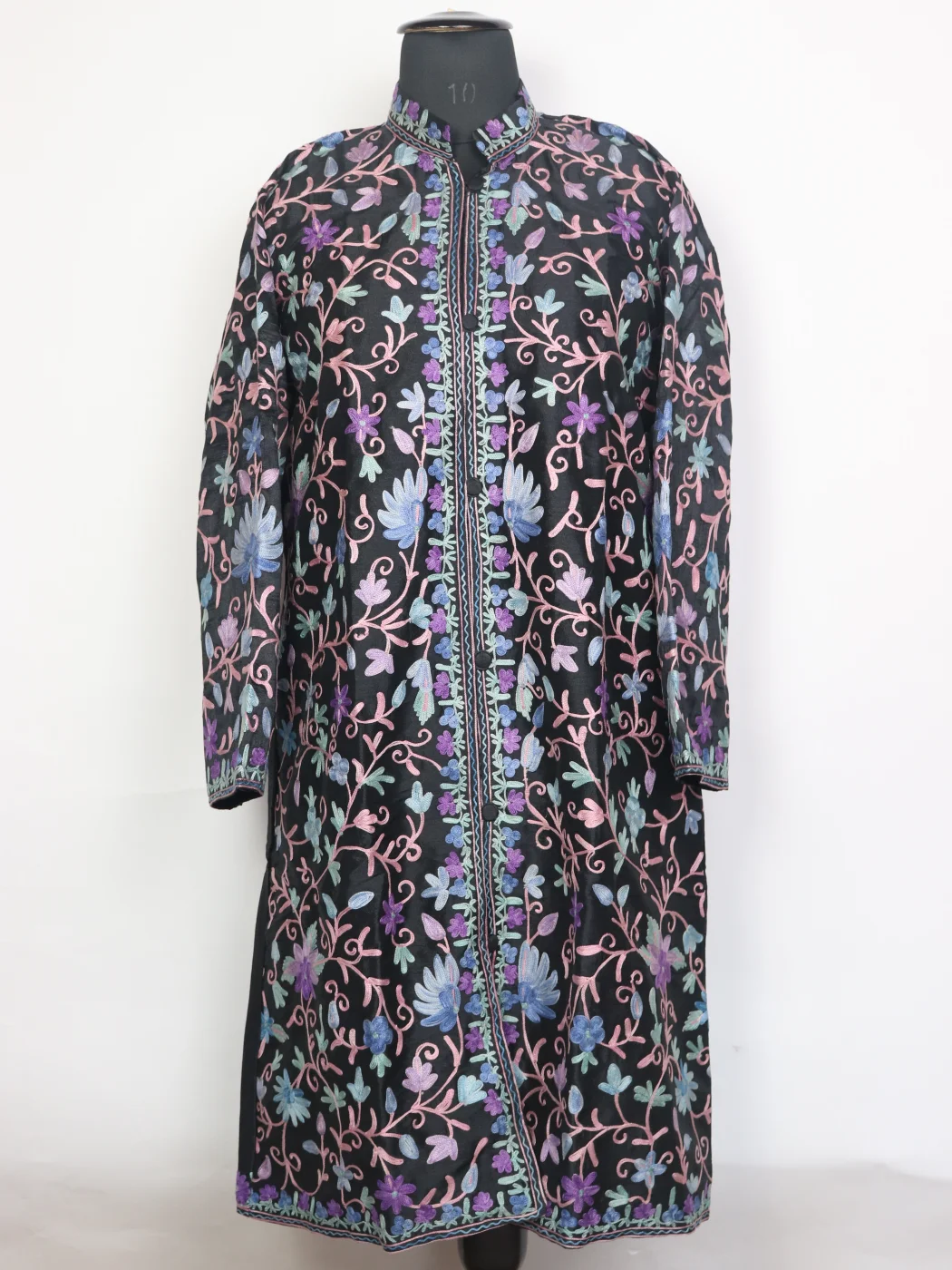 Kashmiri Nargiza Black Silk Jaal Aari Embroidery Long Coat