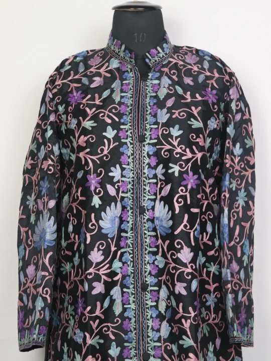 Kashmiri Nargiza Black Silk Jaal Aari Embroidery Long Coat - Image 2