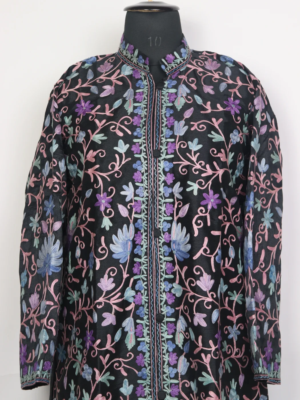 Kashmiri Nargiza Black Silk Jaal Aari Embroidery Long Coat - Image 2