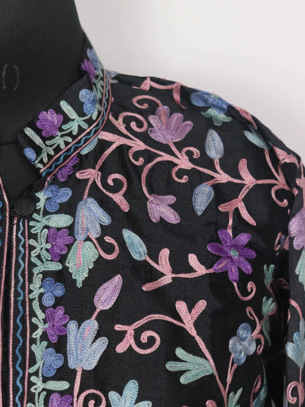 Kashmiri Nargiza Black Silk Jaal Aari Embroidery Long Coat - Image 3