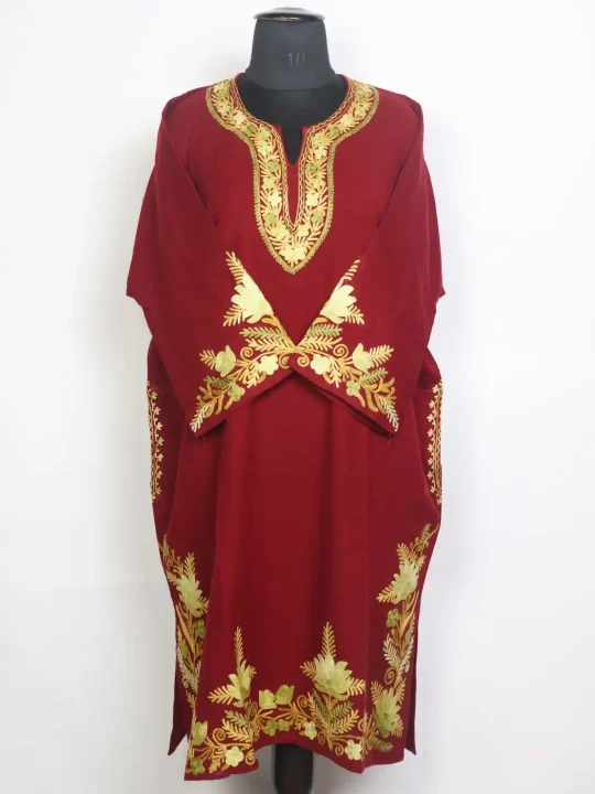 Shafia Kashmiri Cashmilon Wool Aari Embroidery Pheran Maroon