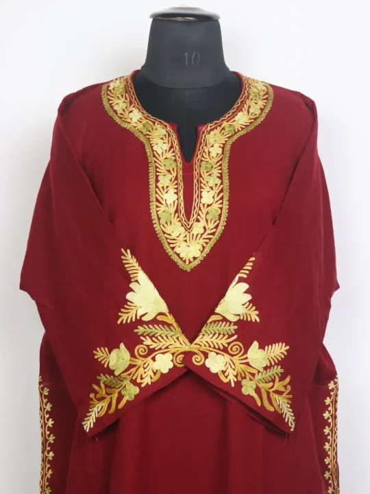 Shafia Kashmiri Cashmilon Wool Aari Embroidery Pheran Maroon - Image 2