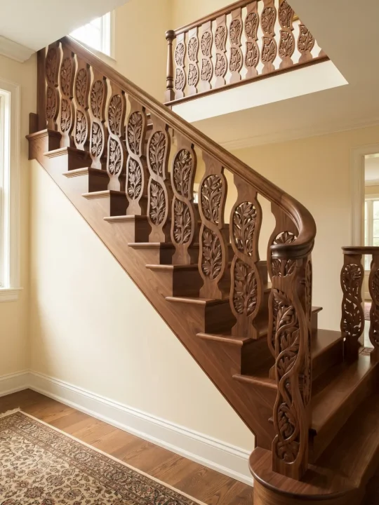 Kashmiri Wooden Staircase Baluster Railing Hand Carved with Chinar Leaf Design ( Set of 10)