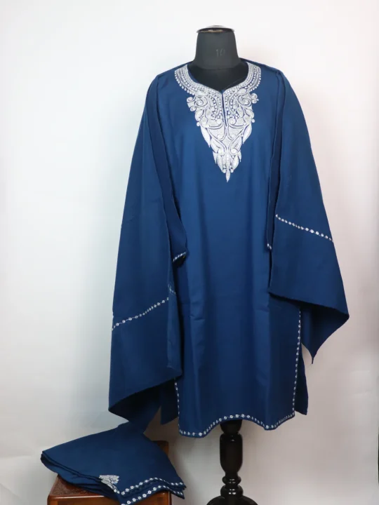 Fariha Kashmiri 3 Piece Pheran Set In Cashmilon Wool With Tilla Embroidery | Blue