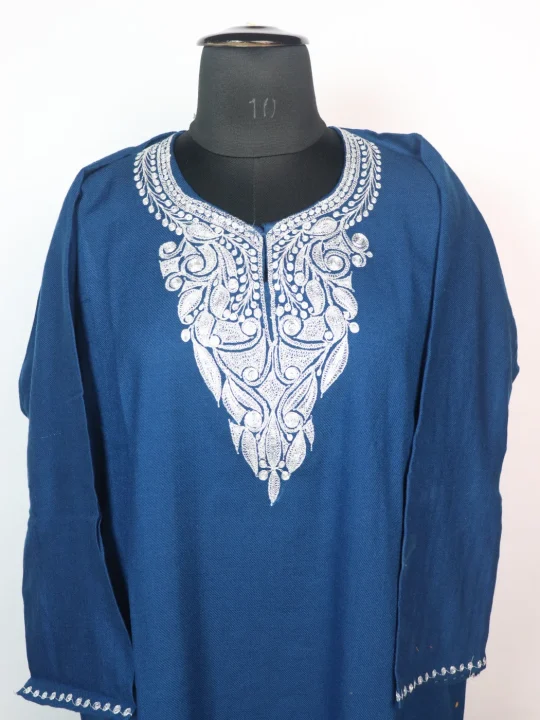 Fariha Kashmiri 3 Piece Pheran Set In Cashmilon Wool With Tilla Embroidery | Blue - Image 2
