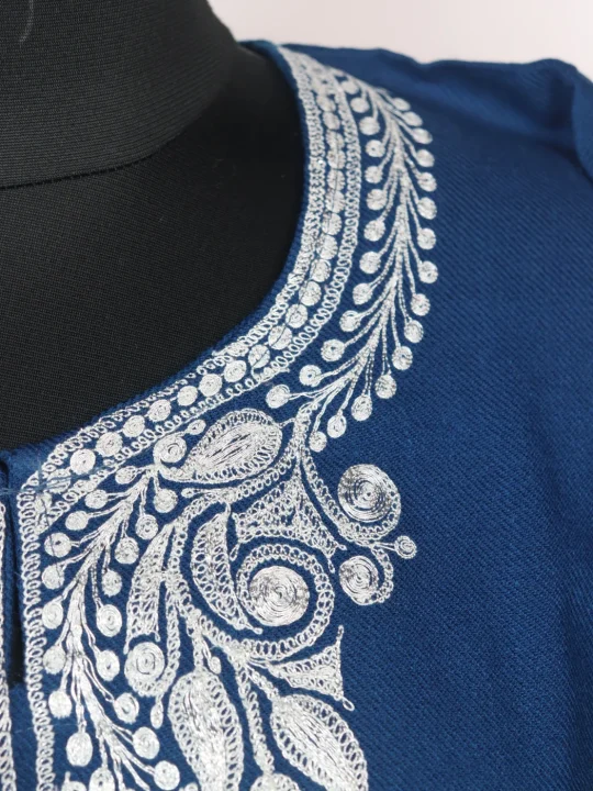 Fariha Kashmiri 3 Piece Pheran Set In Cashmilon Wool With Tilla Embroidery | Blue - Image 3
