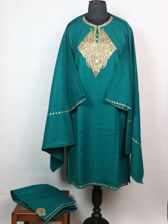 Sumbul Kashmiri 3 Piece Pheran Set In Cashmilon Wool With Tilla Embroidery | Teal Blue