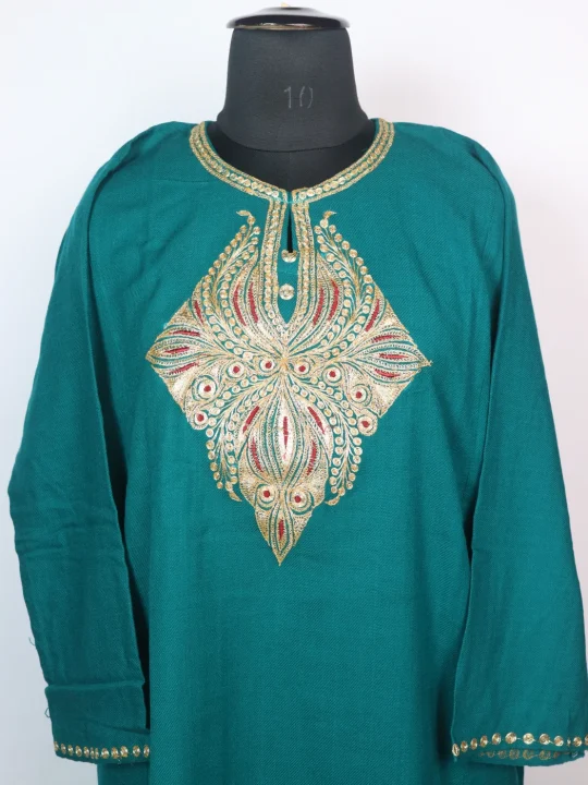 Sumbul Kashmiri 3 Piece Pheran Set In Cashmilon Wool With Tilla Embroidery | Teal Blue - Image 2