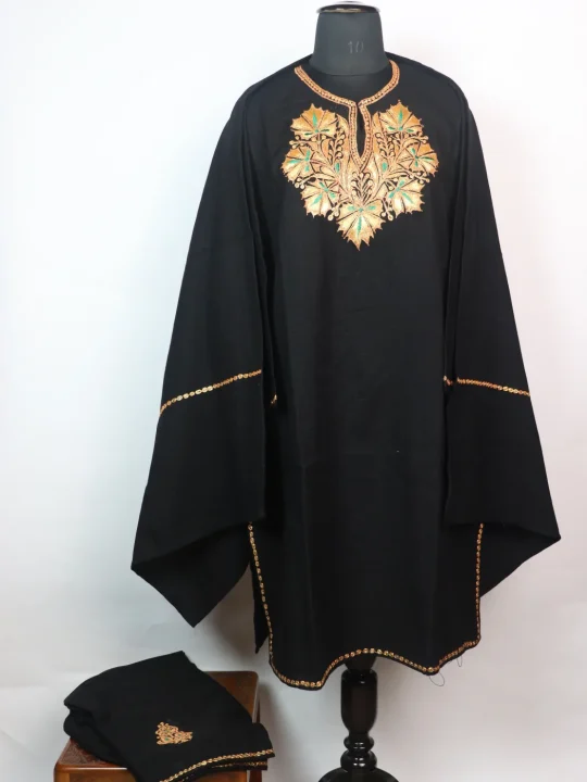 Mahjabeen Kashmiri 3 Piece Pheran Set In Cashmilon Wool With Tilla Embroidery | Black