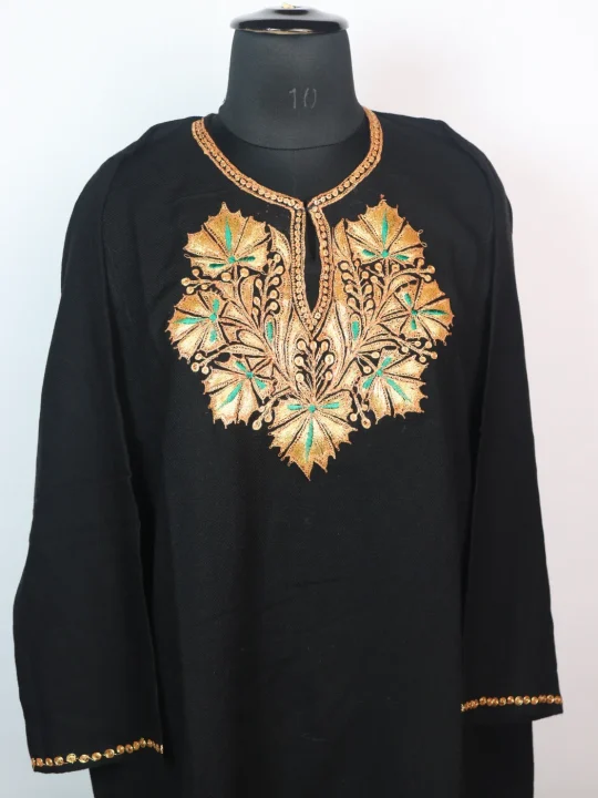 Mahjabeen Kashmiri 3 Piece Pheran Set In Cashmilon Wool With Tilla Embroidery | Black - Image 2