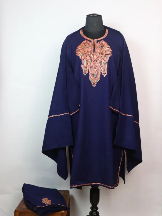 Kausar Kashmiri 3 Piece Pheran Set In Cashmilon Wool With Tilla Embroidery | Navy Blue