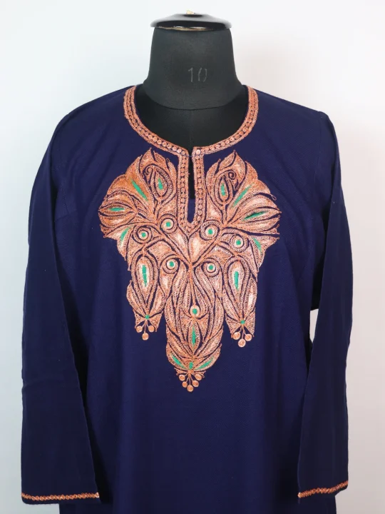 Kausar Kashmiri 3 Piece Pheran Set In Cashmilon Wool With Tilla Embroidery | Navy Blue - Image 2