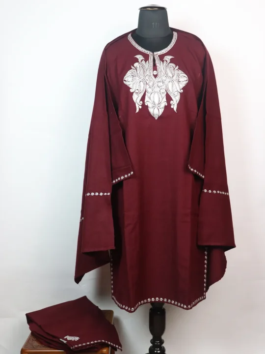 Shagufta Kashmiri 3 Piece Pheran Set In Cashmilon Wool With Tilla Embroidery | Maroon