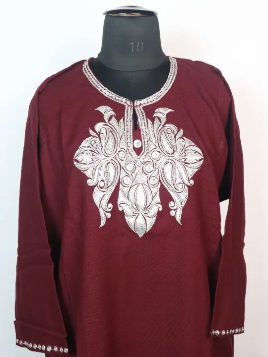 Shagufta Kashmiri 3 Piece Pheran Set In Cashmilon Wool With Tilla Embroidery | Maroon - Image 2
