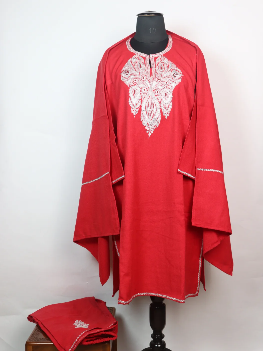 Tabassum Kashmiri 3 Piece Pheran Set In Cashmilon Wool With Tilla Embroidery | Red