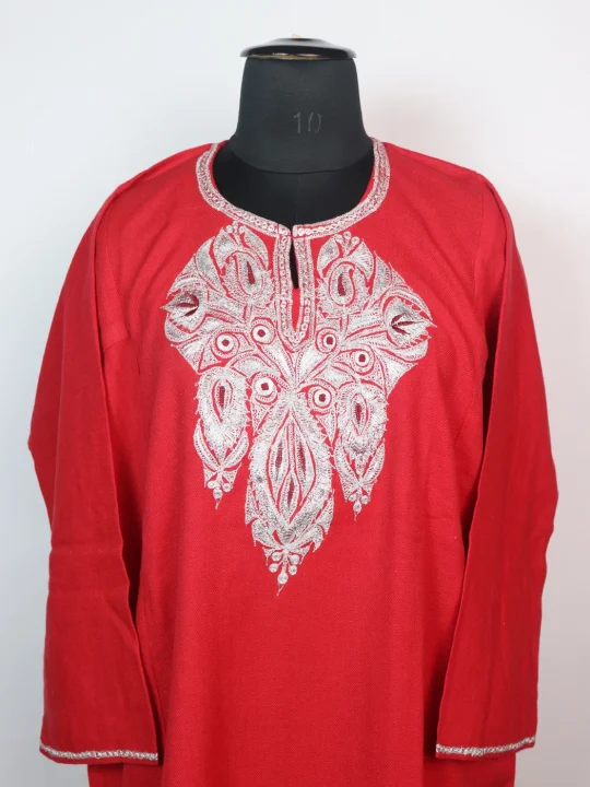 Tabassum Kashmiri 3 Piece Pheran Set In Cashmilon Wool With Tilla Embroidery | Red - Image 2