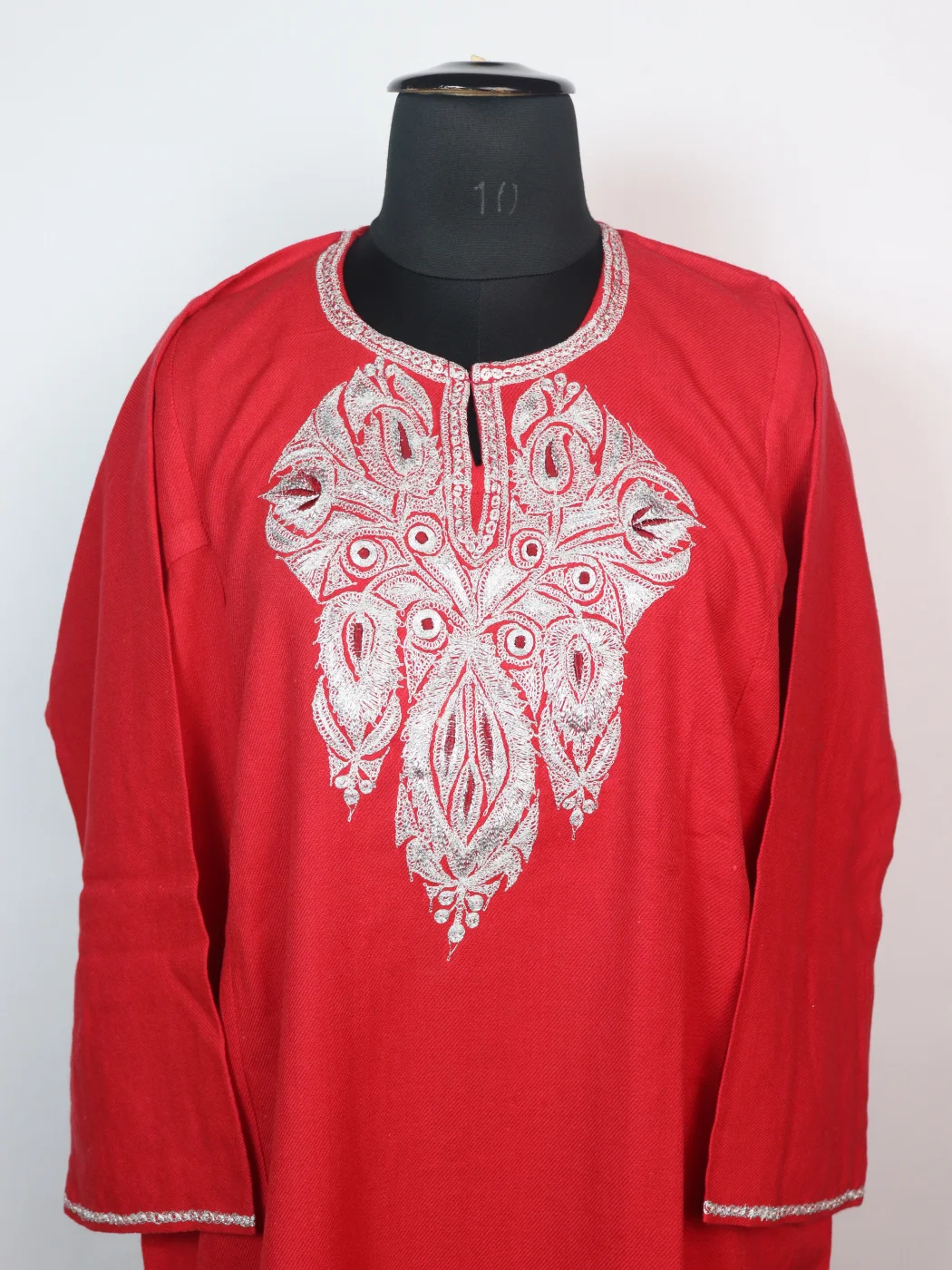 Tabassum Kashmiri 3 Piece Pheran Set In Cashmilon Wool With Tilla Embroidery | Red - Image 2
