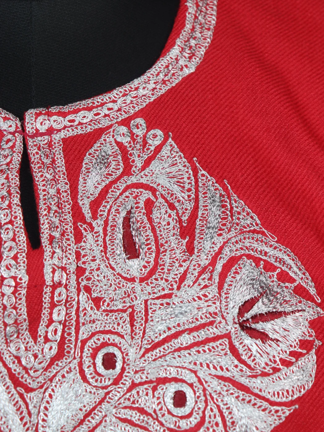 Tabassum Kashmiri 3 Piece Pheran Set In Cashmilon Wool With Tilla Embroidery | Red - Image 3