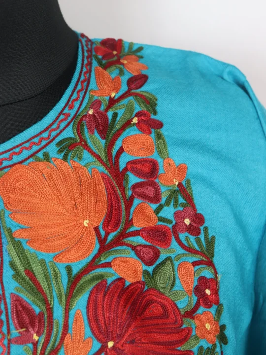 Aabida Kashmiri Pheran In Count Wool With Aari Embroidery | Turquoise - Image 3