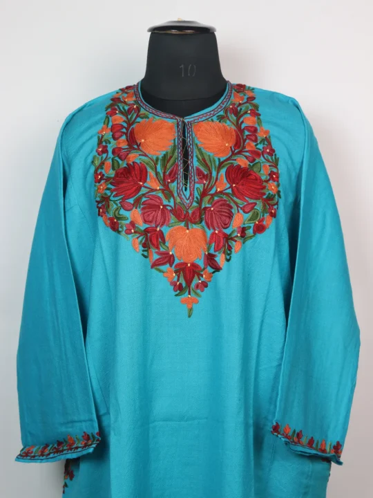 Aabida Kashmiri Pheran In Count Wool With Aari Embroidery | Turquoise - Image 2